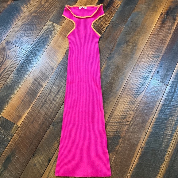 Peppermayo Sunrise Cove Maxi Dress Hot Pink Orange Ribbed Cutout Knit Dress S/M - Picture 3 of 9